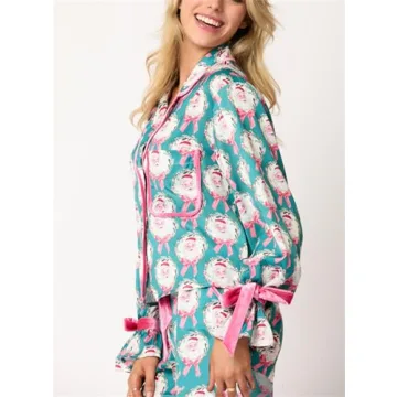 Thopavenoir Women 2 Piece Christmas Pajamas Set Cute Bow Tie Long Sleeve Button Down Shirt High Waist Wide Leg Pants Pj Set (Blue #B, L)