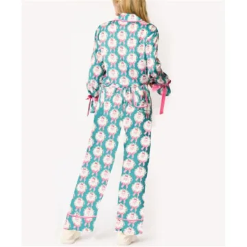 Thopavenoir Women 2 Piece Christmas Pajamas Set Cute Bow Tie Long Sleeve Button Down Shirt High Waist Wide Leg Pants Pj Set (Blue #B, L)