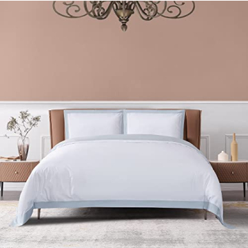 The Cotton & Silk 100% Luxury Long-Staple Cotton Duvet Cover Set - Soft & Breathable, King/California King Size, White + Misty Blue (1 Duvet Cover with Corner Ties & Hidden Zipper, 2 Pillow Shams)