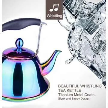 Onlycooker Whistling Tea Kettle Stainless Steel Stovetop Teakettle with Infuser Sturdy Teapot for Tea Coffee Fast Boiling Color Rainbow Mirror Finish 2 Liter / 2.1 Quart