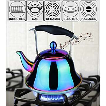 Onlycooker Whistling Tea Kettle Stainless Steel Stovetop Teakettle with Infuser Sturdy Teapot for Tea Coffee Fast Boiling Color Rainbow Mirror Finish 2 Liter / 2.1 Quart