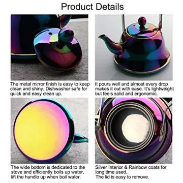 Onlycooker Whistling Tea Kettle Stainless Steel Stovetop Teakettle with Infuser Sturdy Teapot for Tea Coffee Fast Boiling Color Rainbow Mirror Finish 2 Liter / 2.1 Quart
