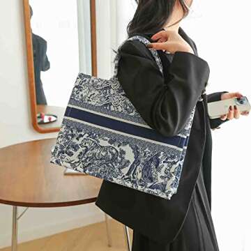 MOMEITU Fashion luxury tote bag cotton linen one shoulder handbag large capacity jacquard embroidery retro exquisite graffiti (Blue)