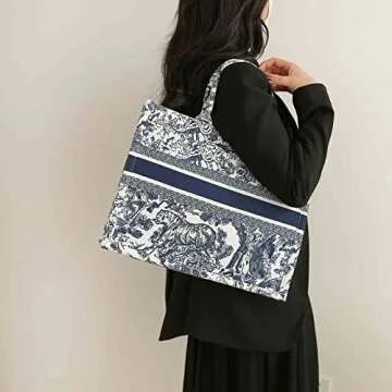 MOMEITU Fashion luxury tote bag cotton linen one shoulder handbag large capacity jacquard embroidery retro exquisite graffiti (Blue)
