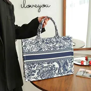 MOMEITU Fashion luxury tote bag cotton linen one shoulder handbag large capacity jacquard embroidery retro exquisite graffiti (Blue)