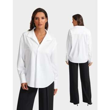 Prettywear Womens Long Sleeve Work Shirts Lapel V Neck Business Casual Blouse Solid Loose Office 2025 Spring Dressy Top White,XL