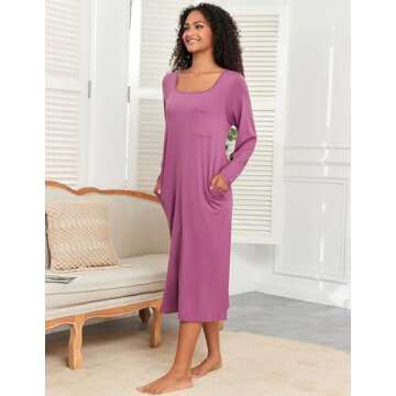 Andeip Women's Nightgowns Long Sleeve Sleepwear Comfy Sleepshirts Square Neck Nightdress Purple XXL
