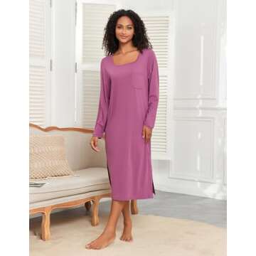 Andeip Women's Nightgowns Long Sleeve Sleepwear Comfy Sleepshirts Square Neck Nightdress Purple XXL