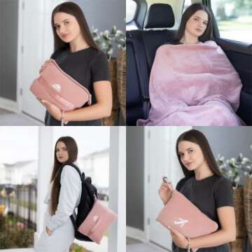 BlueHills Travel Blanket Pillow in Mini Soft Case Premium Plush Airplane Blanket in Soft Bag Compact...