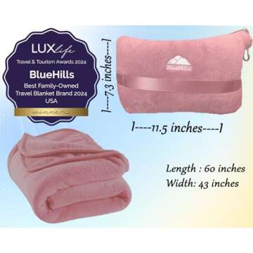 BlueHills Travel Blanket Pillow in Mini Soft Case Premium Plush Airplane Blanket in Soft Bag Compact Pack with Luggage Belt and Backpack Clip Flight Packable Plane Accessories - Dusty Rose Pink M02