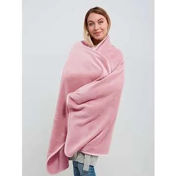 BlueHills Travel Blanket Pillow in Mini Soft Case Premium Plush Airplane Blanket in Soft Bag Compact Pack with Luggage Belt and Backpack Clip Flight Packable Plane Accessories - Dusty Rose Pink M02