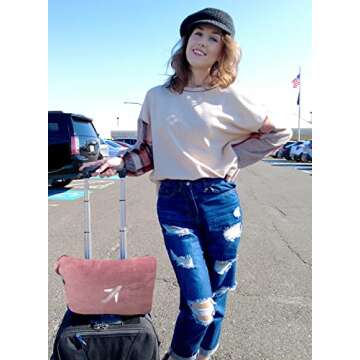 BlueHills Travel Blanket Pillow in Mini Soft Case Premium Plush Airplane Blanket in Soft Bag Compact Pack with Luggage Belt and Backpack Clip Flight Packable Plane Accessories - Dusty Rose Pink M02