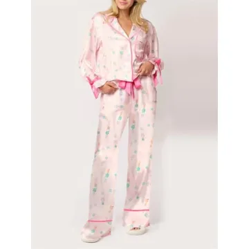 Women Christmas Satin Silk Pajamas Set with Cute Designs