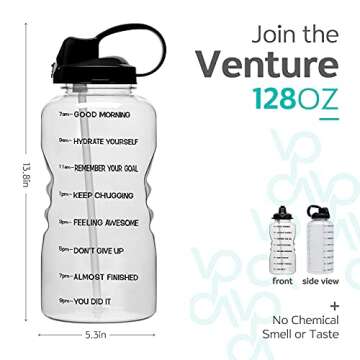 Venture Pal Large 1 Gallon/128 OZ (When Full) Motivational BPA Free Leakproof Water Bottle with Straw & Time Marker Perfect for Fitness Gym Camping Outdoor Sports-Clear-Black