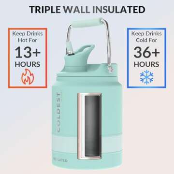 COLDEST Sports Water Bottle Half Gallon (Straw Lid), Leak Proof, Vacuum Insulated Stainless Steel, Hot Cold, Double Walled, Metal Canteen Growler Jug (Mint Green, Half Gallon)