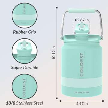 COLDEST Sports Water Bottle Half Gallon (Straw Lid), Leak Proof, Vacuum Insulated Stainless Steel, Hot Cold, Double Walled, Metal Canteen Growler Jug (Mint Green, Half Gallon)