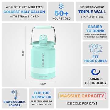 COLDEST Sports Water Bottle Half Gallon (Straw Lid), Leak Proof, Vacuum Insulated Stainless Steel, Hot Cold, Double Walled, Metal Canteen Growler Jug (Mint Green, Half Gallon)