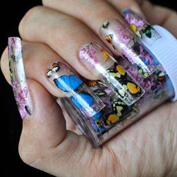 Nail Art Transfer Foil Stickers Decorations Decals Plastic Nail Tools Colorful Flying Butterflies Begonia Flowers Design NO GLUE 653