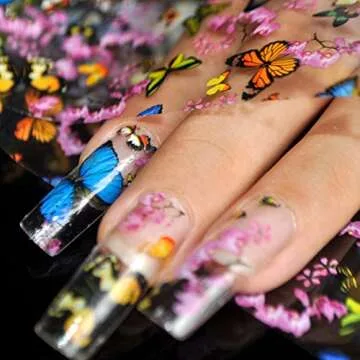Nail Art Transfer Foil Stickers Decorations Decals Plastic Nail Tools Colorful Flying Butterflies Begonia Flowers Design NO GLUE 653