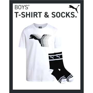 PUMA Boys' T-Shirt - 2 Piece Short Sleeve Graphic Tee and Athletic Crew Socks - Matching Shirt and S...