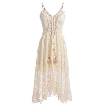 ABOCIW Boho Maxi Dress for Women, Women's Casual Summer Lace Up Tassel Cutout Boho Dress V Neck Sleeveless High Waist Long Beach Dresses Flowy Maxi Dress for Women Beach Vacation Apricot02 XL