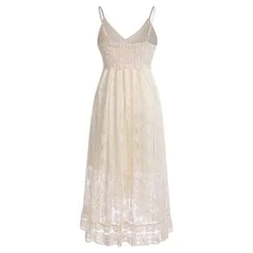 ABOCIW Boho Maxi Dress for Women, Women's Casual Summer Lace Up Tassel Cutout Boho Dress V Neck Sleeveless High Waist Long Beach Dresses Flowy Maxi Dress for Women Beach Vacation Apricot02 XL