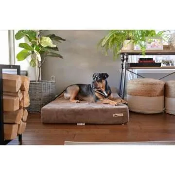Big Barker Orthopedic Dog Bed w/Headrest - 7” Dog Bed for Large Dogs w/Washable Microsuede Cover - Elevated Dog Bed Made in The USA w/ 10-Year Warranty (Headrest, XL, Khaki)