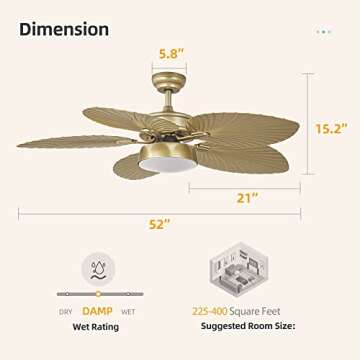 YITAHOME Tropical Ceiling Fans with Light and Remote, 52 Inch Fan Light with Memory Function, Lights Colors Changing, Quiet Motor, Timer, Palm Leaf Blades for Outdoor/Indoor - Gold