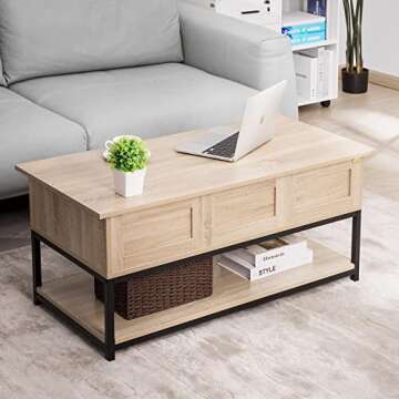 VIVOHOME Lift Top Coffee Table with Steel Frame, Dining Table with Open Storage and Hidden Compartme...