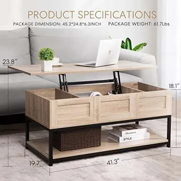 VIVOHOME Lift Top Coffee Table with Steel Frame, Dining Table with Open Storage and Hidden Compartment, Suitable for Living Room, Office, Small Apartment, Light Brown