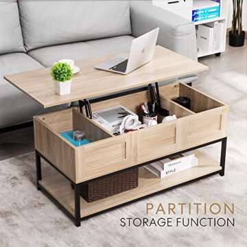 VIVOHOME Lift Top Coffee Table with Steel Frame, Dining Table with Open Storage and Hidden Compartment, Suitable for Living Room, Office, Small Apartment, Light Brown