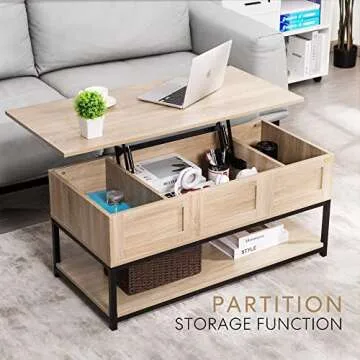 VIVOHOME Lift Top Coffee Table with Steel Frame, Dining Table with Open Storage and Hidden Compartment, Suitable for Living Room, Office, Small Apartment, Light Brown