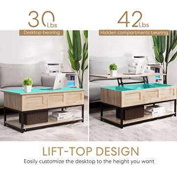 VIVOHOME Lift Top Coffee Table with Steel Frame, Dining Table with Open Storage and Hidden Compartment, Suitable for Living Room, Office, Small Apartment, Light Brown