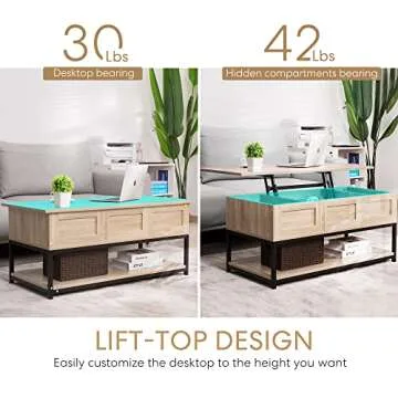 VIVOHOME Lift Top Coffee Table with Steel Frame, Dining Table with Open Storage and Hidden Compartment, Suitable for Living Room, Office, Small Apartment, Light Brown