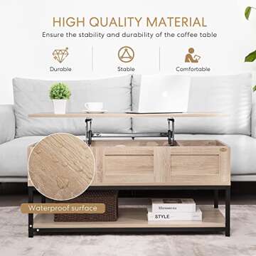 VIVOHOME Lift Top Coffee Table with Steel Frame, Dining Table with Open Storage and Hidden Compartment, Suitable for Living Room, Office, Small Apartment, Light Brown