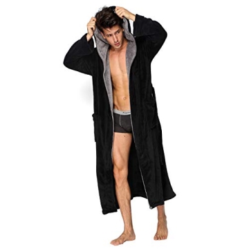 KEMUSI Hooded Herringbone Men's Black Soft Spa Full-Length Bathrobe With Grey Kimono Shawl Collar (M...