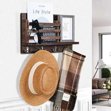 Rustic Mail Holder with Key Hooks for Home Organization