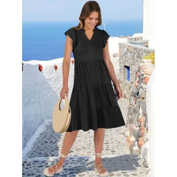 ANRABESS Womens Summer Ruffle Sleeve V Neck Midi Dress 2025 Fashion Casual Fit Flowy Tiered Boho Beach Vacation Sundress Black-S