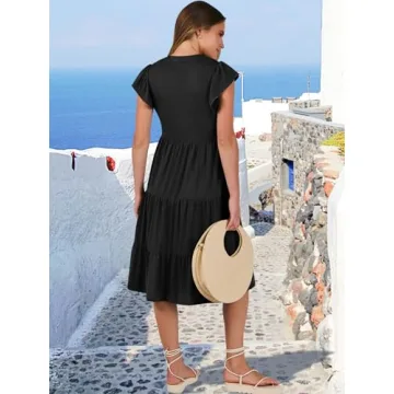 ANRABESS Womens Summer Ruffle Sleeve V Neck Midi Dress 2025 Fashion Casual Fit Flowy Tiered Boho Beach Vacation Sundress Black-S