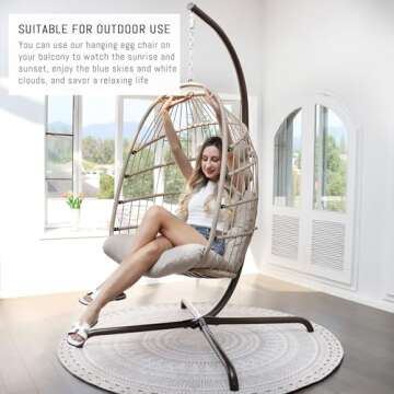 RADIATA Patio Hanging Egg Chair with Stand, Rattan Swing Chair with Cushion and Pillow, Wicker Hammo...