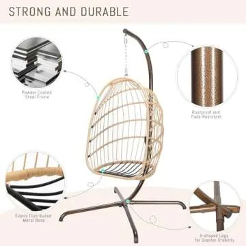 RADIATA Patio Hanging Egg Chair with Stand, Rattan Swing Chair with Cushion and Pillow, Wicker Hammock Chair for Indoor Outdoor Bedroom Living Room Garden (Beige with Stand)