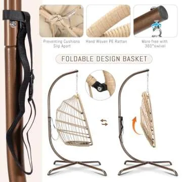 RADIATA Patio Hanging Egg Chair with Stand, Rattan Swing Chair with Cushion and Pillow, Wicker Hammock Chair for Indoor Outdoor Bedroom Living Room Garden (Beige with Stand)