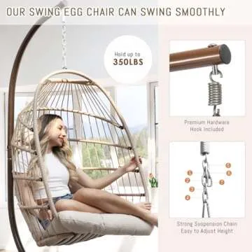 RADIATA Patio Hanging Egg Chair with Stand, Rattan Swing Chair with Cushion and Pillow, Wicker Hammock Chair for Indoor Outdoor Bedroom Living Room Garden (Beige with Stand)