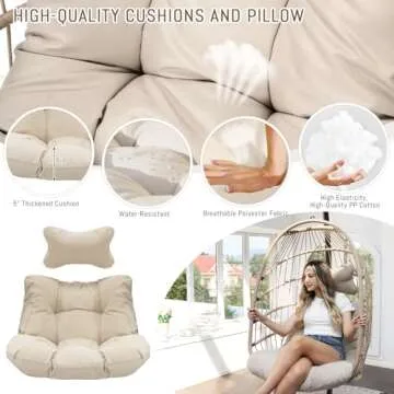 RADIATA Patio Hanging Egg Chair with Stand, Rattan Swing Chair with Cushion and Pillow, Wicker Hammock Chair for Indoor Outdoor Bedroom Living Room Garden (Beige with Stand)