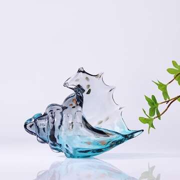 DOVDOV Hand Blown Glass Conch Statue, Blue Glass Art Figurine, Coastal Home Decor with sea Shells, Living Room TV Cabinet Decoration, Bookcase Decoration, entryway Conch Horn Decoration.