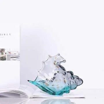 DOVDOV Hand Blown Glass Conch Statue, Blue Glass Art Figurine, Coastal Home Decor with sea Shells, Living Room TV Cabinet Decoration, Bookcase Decoration, entryway Conch Horn Decoration.