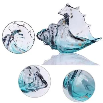DOVDOV Hand Blown Glass Conch Statue, Blue Glass Art Figurine, Coastal Home Decor with sea Shells, Living Room TV Cabinet Decoration, Bookcase Decoration, entryway Conch Horn Decoration.