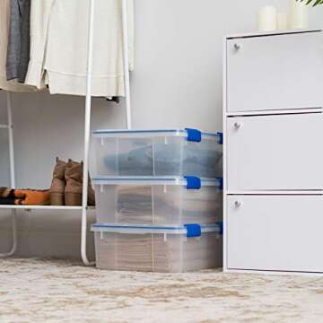 IRIS USA WeatherPro 27 Qt Storage Bins with Lids, 3 Pack, BPA-Free Plastic Gasket Box with Tight Latch and Seal, Stackable Nestable Tote Tub - Clear/Blue