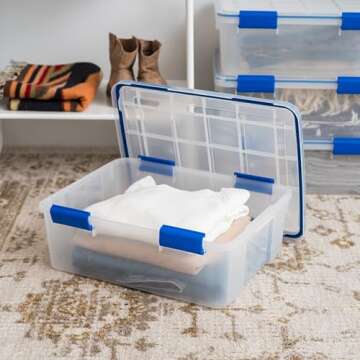IRIS USA WeatherPro 27 Qt Storage Bins with Lids, 3 Pack, BPA-Free Plastic Gasket Box with Tight Latch and Seal, Stackable Nestable Tote Tub - Clear/Blue
