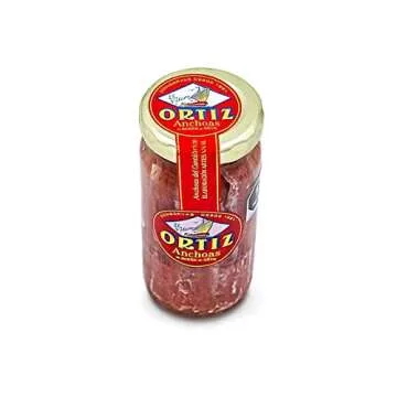 Ortiz Anchovies in Extra Virgin Olive Oil, Firm Buttery Fillets with a Rich Umami Taste, Wild Caught in Spain, Great for Pizza, Pasta and Caeser Salad, 3.3oz Glass Jar (Pack of 1)